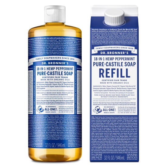 Picture of Dr. Bronner's Pure-Castile Liquid Soap Bottle & Refill Carton - Made with Regenerative Organic Certified Oils, 82% Less Plastic-18-in-1 Uses for Face, Body Wash, Hand Soap Refill- Peppermint, 32oz