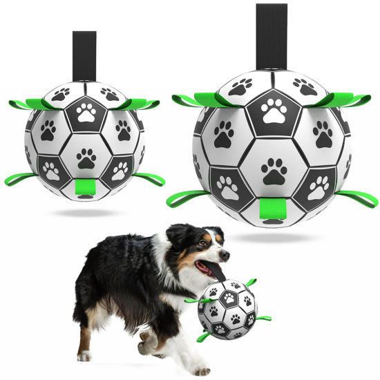 Picture of QDAN 2 PCS Dog Toys Soccer Ball Set with Straps, Interactive Dog Toys for Tug of War, Puppy Birthday Gifts, Dog Water Toy, Durable Dog Balls for Medium & Large Dogs（6 & 8 Inch）