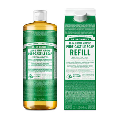 Picture of Dr. Bronner's - Pure-Castile Liquid Soap Bottle & Refill Carton Made with 82% Less Plastic (Almond, 32 oz) - Face, Body, Hair, Laundry, Dishes & More, Super-Concentrated, Organic, Vegan, Non-GMO