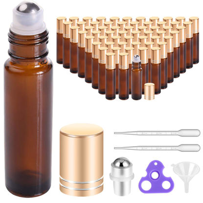 Picture of PrettyCare Roller Bottles For Oils 10 ml (Amber Glass, 60 Pack, 10 Extra Stainless Steel Balls, 72 Labels, 4 Opener, 4 Funnels Essential Oil Roller Bottles, Roller on Bottles