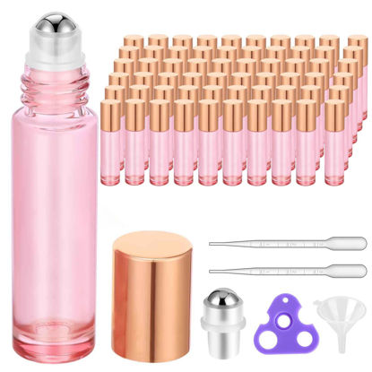 Picture of PrettyCare Roller Bottles For Oils 10 ml (Pink Glass, 60 Pack, 10 Extra Stainless Steel Balls, 72 Labels, 4 Opener, 7 Funnels Essential Oil Roller Bottles, Roller on Bottles