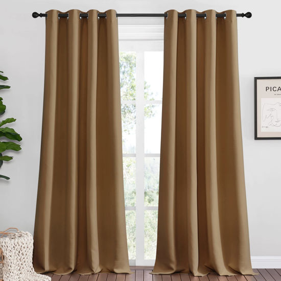 Picture of NICETOWN Sleek Blackout Curtains 90 inches Length for Windows, Noise Reducing and Block Draft Panels for Door Doorway Laundry Office Luxury Decor Theme (2 Panels, Gold Brown, W55 x L90 -Inch)