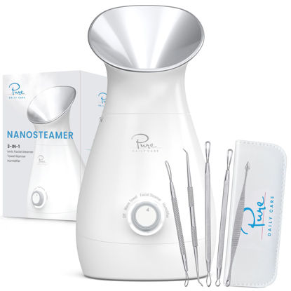 Picture of NanoSteamer Large 3-in-1 Nano Ionic Facial Steamer with Precise Temp Control - Humidifier - Unclogs Pores - Blackheads - Spa Quality - Bonus 5 Piece Stainless Steel Skin Kit (Silver)