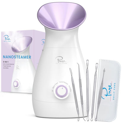 Picture of NanoSteamer Large 3-in-1 Nano Ionic Facial Steamer with Precise Temp Control - Humidifier - Unclogs Pores - Blackheads - Spa Quality - Bonus 5 Piece Stainless Steel Skin Kit (Lilac)