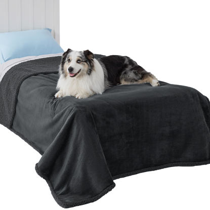 Picture of Bedsure Waterproof Blanket for Bed - Sherpa Fleece Waterproof Dog Blankets for Large Dogs, Pet Blankets for Bed/Couch/Dog Crate, Soft Plush Reversible Furniture Protector, Twin, 80"x60", Grey Black