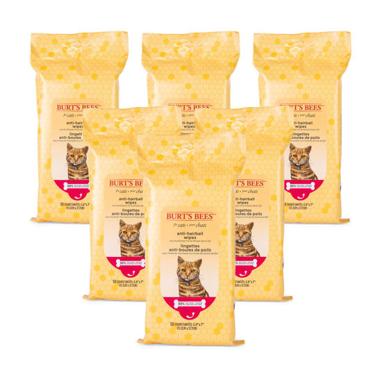 Picture of Burt's Bees for Pets Anti-Hairball Cat Wipes | Grooming Cat Wipes for Hairball Control | Cruelty Free, Sulfate & Paraben Free, pH Balanced for Cats - Made in The USA, 50 Ct - 6 Pack