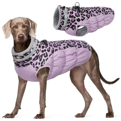 Picture of FUAMEY Dog Winter Coat,Dog Cold Weather Coats Dog Jackets with Zipper on Back with Harness Built in Dog Paded Vest Water Resistant Reflective Jacket for Small Medium Large Dogs Purple Leopard XXL