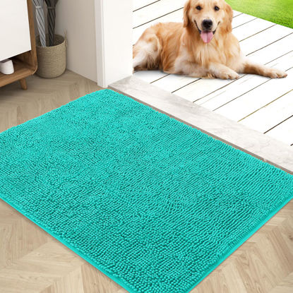 Picture of OLANLY Dog Door Mat for Muddy Paws 40x32, Absorbs Moisture and Dirt, Absorbent Non-Slip Washable Mat, Quick Dry Chenille, Mud Mat for Dogs, Entry Indoor Door Mat for Inside Floor, Teal