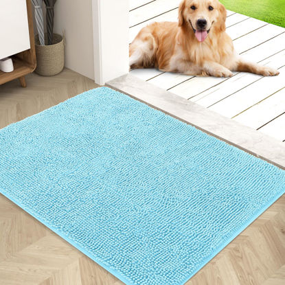 Picture of OLANLY Dog Door Mat for Muddy Paws 40x32, Absorbs Moisture and Dirt, Absorbent Non-Slip Washable Mat, Quick Dry Chenille, Mud Mat for Dogs, Entry Indoor Door Mat for Inside Floor, Blue