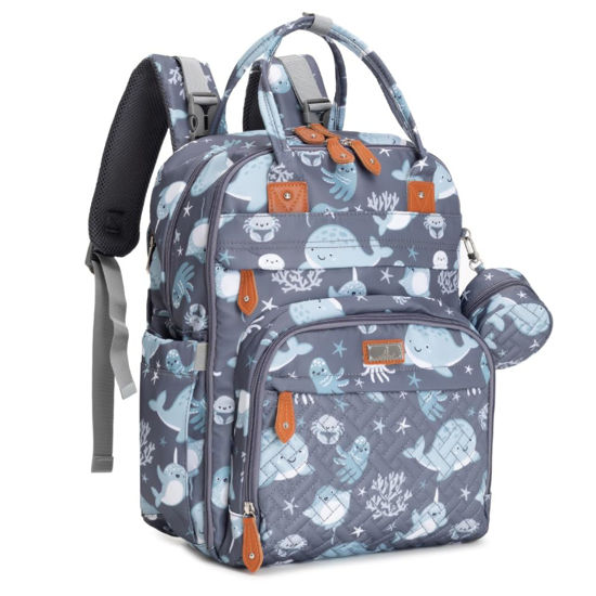 Picture of BabbleRoo Baby Diaper Bag - Laptop Backpack, Sea Animals, Unisex, 12"x8"x16.5", 26L