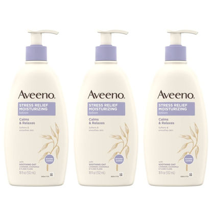 Picture of Aveeno Stress Relief Moisturizing Body Lotion with Lavender, Natural Oatmeal & Chamomile & Ylang-Ylang Essential Oils to Calm & Relax, Non-Greasy Daily Stress Relief Lotion, 3 x 18 fl. oz