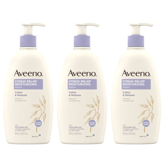 Picture of Aveeno Stress Relief Moisturizing Body Lotion with Lavender, Natural Oatmeal & Chamomile & Ylang-Ylang Essential Oils to Calm & Relax, Non-Greasy Daily Stress Relief Lotion, 3 x 18 fl. oz