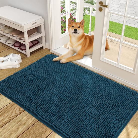 Picture of OLANLY Dog Door Mat for Muddy Paws 48x30, Absorbs Moisture and Dirt, Absorbent Non-Slip Washable Mat, Quick Dry Chenille, Mud Mat for Dogs, Entry Indoor Door Mat for Inside Floor, Atlantic Blue