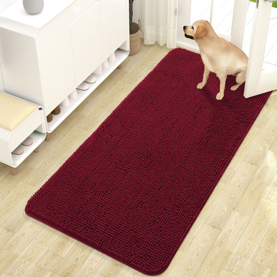 Picture of OLANLY Dog Door Mat for Muddy Paws 47x24, Absorbs Moisture and Dirt, Absorbent Non-Slip Washable Mat, Quick Dry Chenille, Mud Mat for Dogs, Entry Indoor Door Mat for Inside Floor, Burgundy