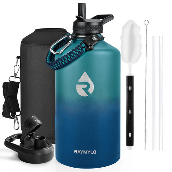 Picture of RAYMYLO One Gallon Water Bottle Insulated, Triple Walled Vacuum Stainless Steel (Cold for 48 Hrs), Leak Proof & Non-BPA, Large Water Flask Jug with Paracord Handle & Straw Spout Lids