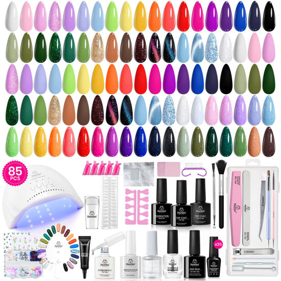 Picture of beetles Gel Nail Polish Kit with UV Light - 85 Pcs Set 35 Colors White Pink Nude Black Gel Nail Kit with Base and Matte&Glossy Top Coat, Travel Diary Gel Polish Kit for Beginners Gel Manicure Tools