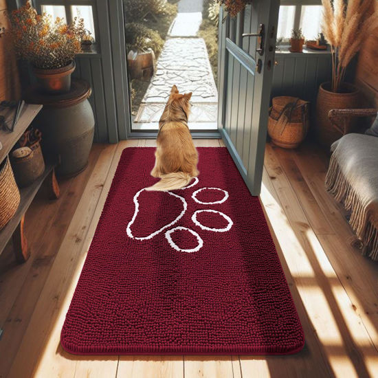 Picture of Smiry Dog Door Mat for Muddy Paws, Absorbent Dirt Trapper Non-Slip Washable Mat, Quick Dry Chenille, Mud Mat for Dogs, Entry Indoor Door Mat for Inside Floor (48x30 Inches, Burgundy)