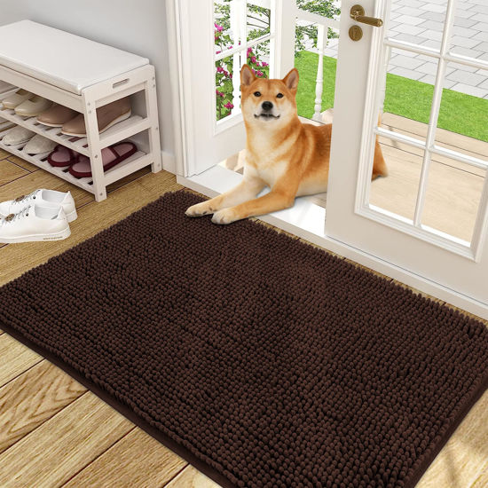 Picture of OLANLY Dog Door Mat for Muddy Paws 48x30, Absorbs Moisture and Dirt, Absorbent Non-Slip Washable Mat, Quick Dry Chenille, Mud Mat for Dogs, Entry Indoor Door Mat for Inside Floor, Brown