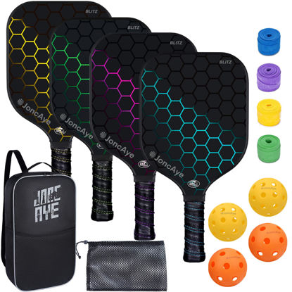 Picture of JoncAye Pickleball Paddles Set of 4 Fiberglass Rackets and Balls w/Racquet Case, Overgrip, Ball Bag, USAPA Approved Pickle-Ball Kit for Women, Men, Lightweight Starter Set for Kids, Adults