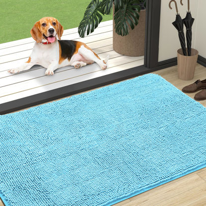 Picture of OLANLY Dog Door Mat for Muddy Paws 47x32, Absorbs Moisture and Dirt, Absorbent Non-Slip Washable Mat, Quick Dry Chenille, Mud Mat for Dogs, Entry Indoor Door Mat for Inside Floor, Blue