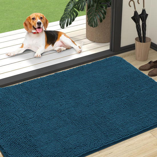 Picture of OLANLY Dog Door Mat for Muddy Paws 47x32, Absorbs Moisture and Dirt, Absorbent Non-Slip Washable Mat, Quick Dry Chenille, Mud Mat for Dogs, Entry Indoor Door Mat for Inside Floor, Atlantic Blue