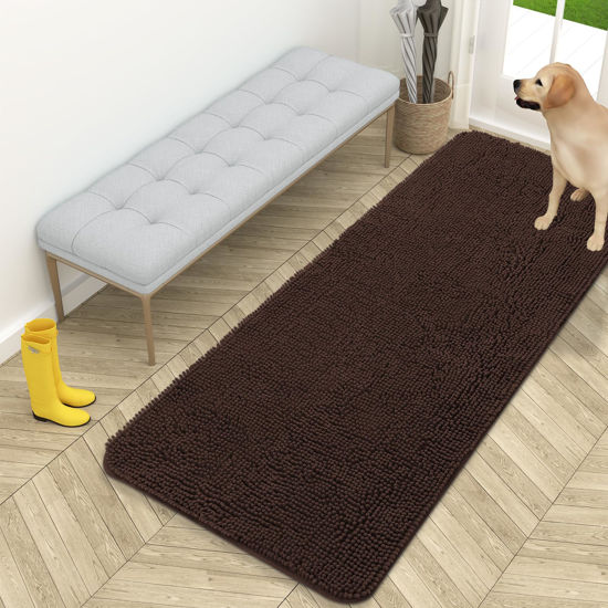 Picture of OLANLY Dog Door Mat for Muddy Paws 59x24, Absorbs Moisture and Dirt, Absorbent Non-Slip Washable Mat, Quick Dry Chenille, Mud Mat for Dogs, Entry Indoor Door Mat for Inside Floor, Brown