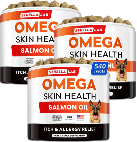 Picture of StrellaLab Omega 3 for Dogs - (540Ct) Fish Oil Treats - Allergy & Itch Relief Skin&Coat Supplement - Dry Itchy Skin, Shedding, Hot Spots Treatment, Anti Itch - Pet Salmon Oil Chews - Chicken Flavor