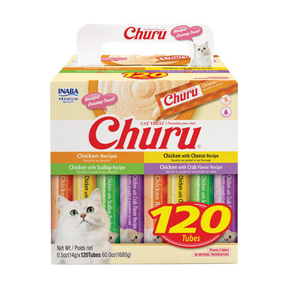 Picture of INABA Churu Cat Treats, Lickable, Squeezable Creamy Purée with Vitamin E, 0.5 Ounces per Tube, 120 Tubes Total, Chicken Variety