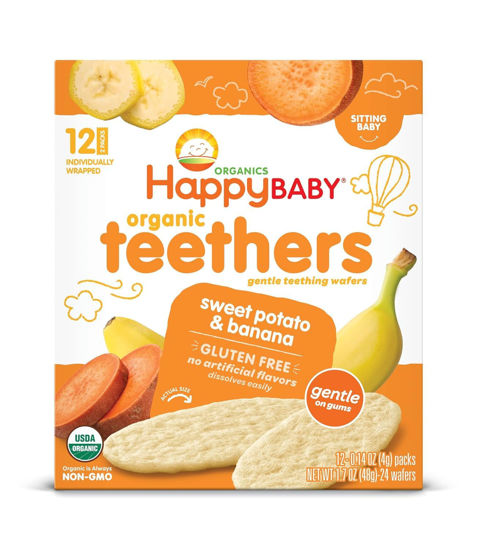 Picture of Happy Baby Gentle Teethers Organic Teething Wafers Banana Sweet Potato, 0.14 Ounce Packets (Box of 12) Soothing Rice Cookies for Teething Babies Dissolves Easily Gluten Free No Artificial Flavor