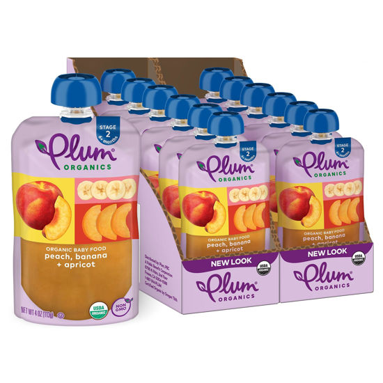 Picture of Plum Organics Stage 2 Organic Baby Food - Peach, Banana, and Apricot - 4 oz Pouch (Pack of 12) - Organic Fruit and Vegetable Baby Food Pouch