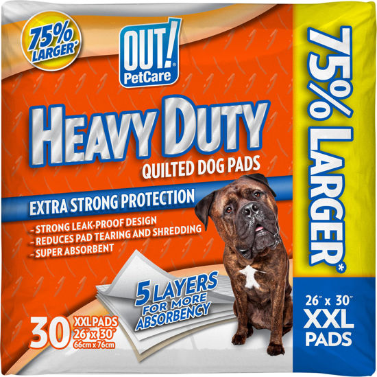 Picture of OUT! Petcare XXL Dog Training Pads, Heavy Duty Dog Pee Pads XXL, Jumbo Puppy Pads, Wee Wee Pads for Dogs and Puppies, Dog House Training, Leak Proof, Safe, Disposable, 26"x30", 30 Ct