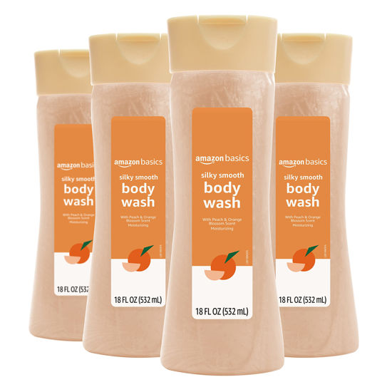 Picture of Amazon Basics Silky Smooth Body Wash, Peach and Orange Blossom Scent, 18 Fl Oz (Pack of 4)