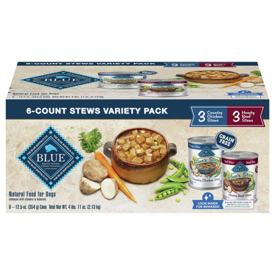 Picture of Blue Buffalo Blue's Stew Natural Wet Dog Food, Made with Natural Ingredients, Hearty Beef and Country Chicken Variety Pack, 12.5-oz. Cans, 6 Count