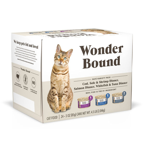 Picture of Amazon Brand - Wonder Bound Wet Cat Food, Pate, No Added Grain, Variety Pack (Cod, Sole & Shrimp, Salmon, White Fish & Tuna), 3 ounce (Pack of 24)