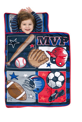 Picture of Baby Boom Funhouse MVP Sports Nap Mat Set - Includes Pillow and Fleece Blanket - Great for Boys Napping during Daycare or Preschool - Fits Toddlers, Blue