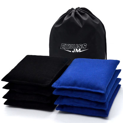 Picture of JMEXSUSS Weather Resistant Standard Corn Hole Bags, Set of 8 Regulation Professional Cornhole Bags for Tossing Game,Corn Hole Beans Bags with Tote Bag(Black/Blue)