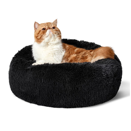 Picture of Bedsure Calming Cat Beds for Indoor Cats - Small Cat Bed Washable 20 inches, Anti-Slip Round Fluffy Plush Faux Fur Pet Bed, Fits up to 15 lbs Pets, Black