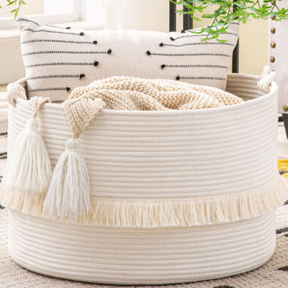 Picture of KAKAMAY Large Blanket Basket (20"x13"),Woven Baskets for storage Baby Laundry Hamper, Cotton Rope Blanket Basket for Living Room, Laundry, Nursery, Pillows, Baby Toy chest (White)