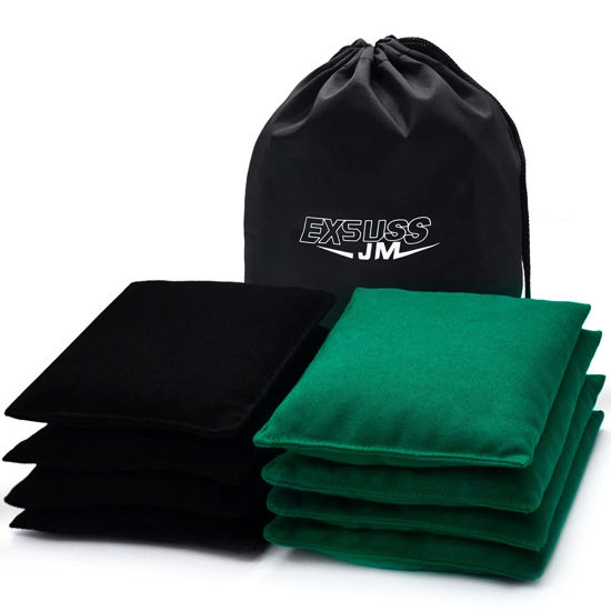 Picture of JMEXSUSS Weather Resistant Standard Corn Hole Bags, Set of 8 Regulation Professional Cornhole Bags for Tossing Game,Corn Hole Beans Bags with Tote Bag(Black/Green)