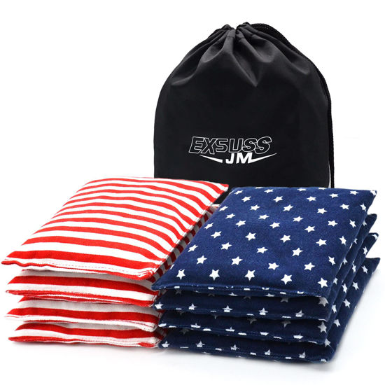 Picture of JMEXSUSS Weather Resistant Standard Corn Hole Bags, Set of 8 Regulation Professional Cornhole Bags for Tossing Game,Corn Hole Beans Bags with Tote Bag(Stars/Stripes)