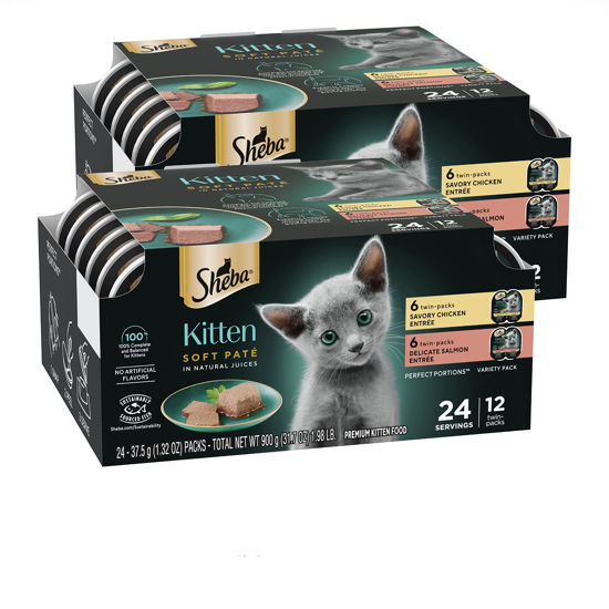 Picture of Sheba Wet Food PERFECT PORTIONS Kitten Paté Wet Cat Food Trays (24 Count, 48 Servings), Savory Chicken and Delicate Salmon Entrée, Easy Peel Twin-Pack Trays