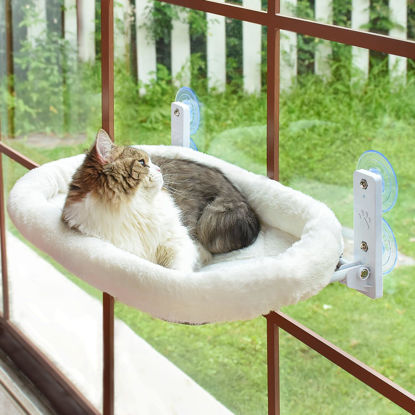 Picture of AMOSIJOY Cordless Cat Window Perch, Cat Hammock for Window with 4 Strong Suction Cups, Solid Metal Frame and Soft Cover, Cat Beds for Indoor Cats