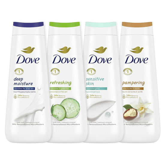 Picture of Dove Body Wash Deep Moisture, Sensitive Skin, Cucumber and Green Tea, and Shea Butter & Vanilla Collection 4 Count Skin Cleanser with 24hr Renewing MicroMoisture 20 oz