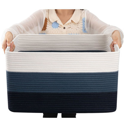 Picture of OIAHOMY Large Blanket Basket, Rectangle Woven Baskets for Storage, Nursery Blanket Basket Living Room, Toy Basket with Handle, Large Baskets for Organizing-22”x17”x12”-Gradient Blue