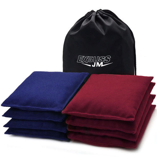 Picture of JMEXSUSS Weather Resistant Standard Corn Hole Bags, Set of 8 Regulation Professional Cornhole Bags for Tossing Game,Corn Hole Beans Bags with Tote Bag(Burgundy/Blue)