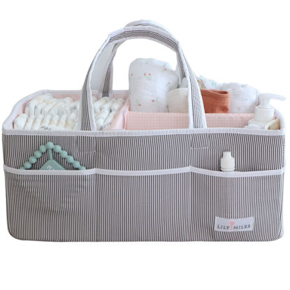 Picture of Lily Miles Baby Diaper Caddy - Organizer Tote Bag for Baby Girl Essentials - Baby Shower Basket - Nursery Must Haves - Registry Favorites - Newborn Caddie Car Travel - Gray/Blush, Extra Large