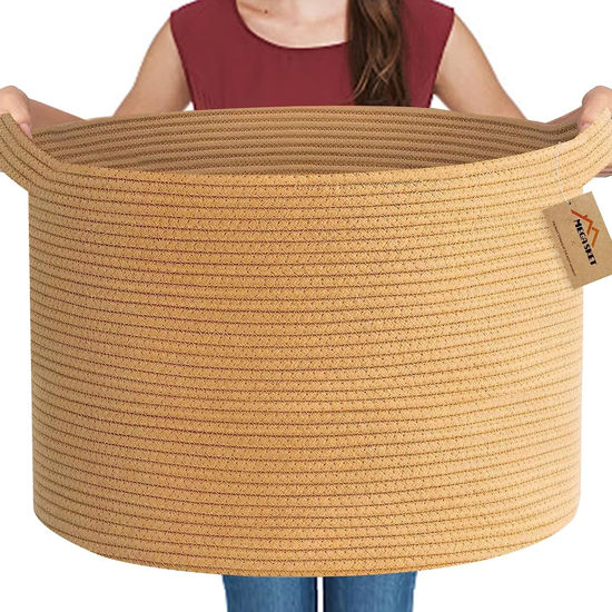 Picture of MEGASKET Large Jute Storage Basket, 22" X 22" X 14" Giant Blanket Basket Living Room, Soft Cotton Rope Basket With Handle, Throw Blanket Storage, Stuffed Animal Toy Basket Organizer Bins, Woven Basket