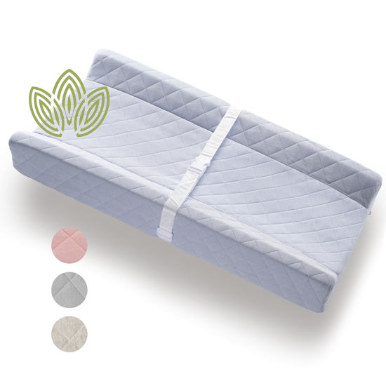 Picture of Organic Cotton Contoured Baby Changing Pad w/Waterproof Foam Mattress, Includes Soft, Removable & Washable Cover, Safety Strap, Non-Slip Bottom, Topper for Standard Size Infant Diaper Table & Dresser