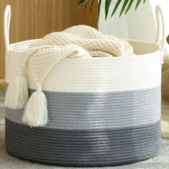 Picture of KAKAMAY Large Blanket Basket (20"x13"),Woven Baskets for storage Baby Laundry Hamper,Cotton Rope Blanket Basket for Living Room, Laundry, Nursery, Pillows, Baby Toy chest with Handles (White/Grey)