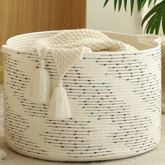 Picture of KAKAMAY Large Blanket Basket (20"x13"),Woven Baskets for storage Baby Laundry Hamper，Cotton Rope Blanket Basket for Living Room, Laundry, Nursery, Pillows, Off White with Blue & Brown Dotted Pattern